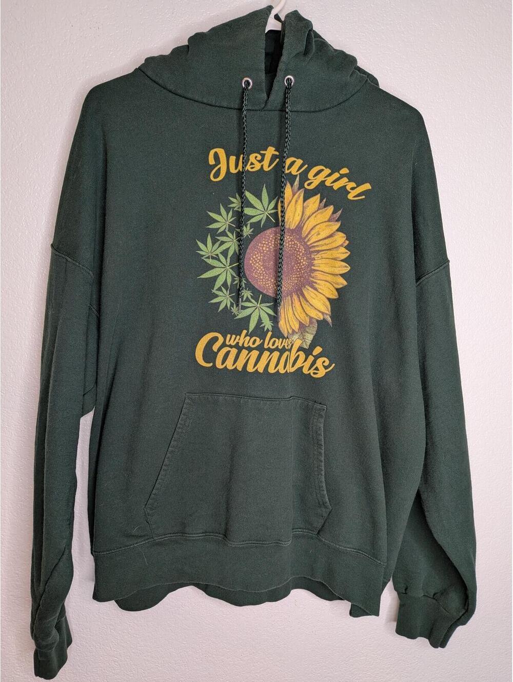 Hanes Ultimate Cotton Just a Girl Who Loves Cannabis Hoodie XL Green Sunflower